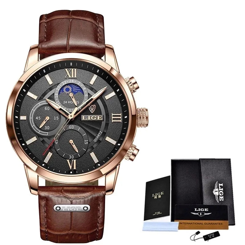 Men's Chronograph Watch Moon Phase Date Window Roman Numerals Rose Gold Case Leather Strap Business Formal