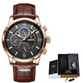 Men's Chronograph Watch Moon Phase Date Window Roman Numerals Rose Gold Case Leather Strap Business Formal