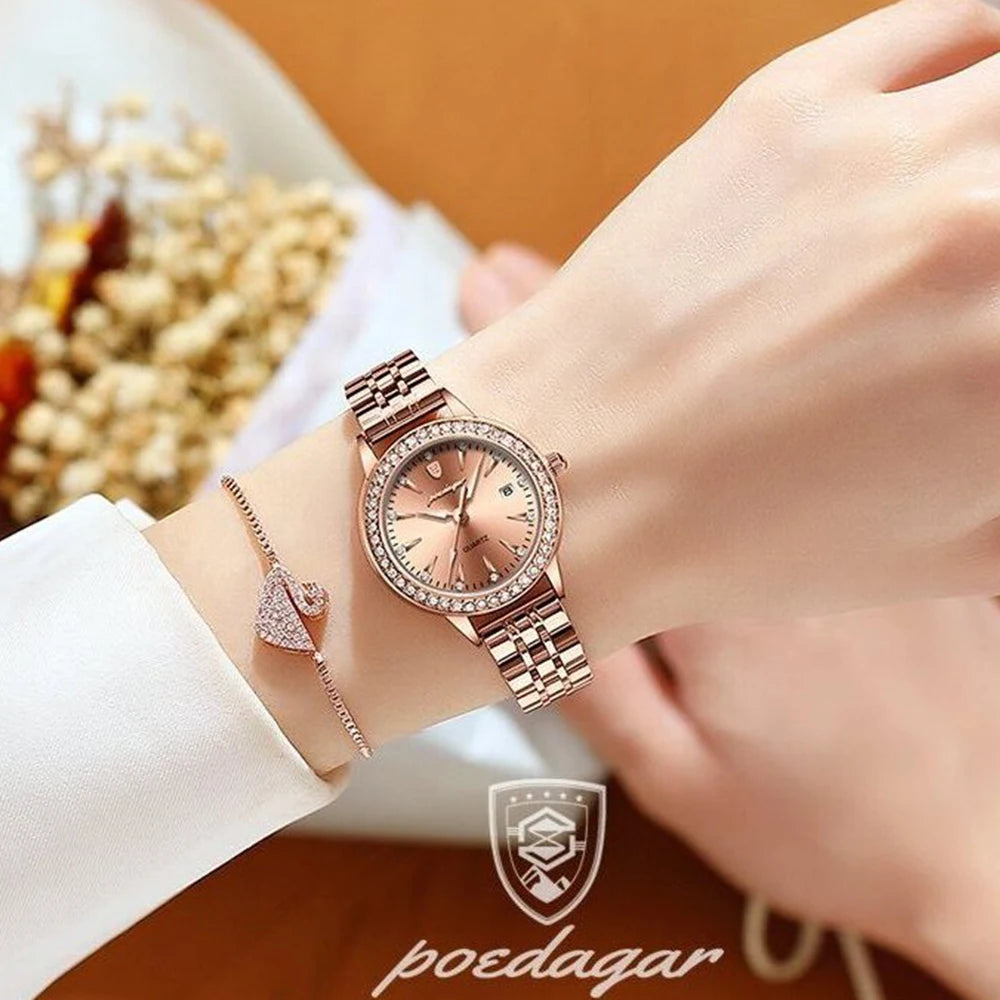POEDAGAR Female Watch Rose Gold Luxury Brand Ladies Wristwatch Waterproof Stainless Stain Date Quartz Watches for Women