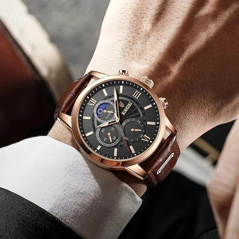 Men's Chronograph Watch Moon Phase Date Window Roman Numerals Rose Gold Case Leather Strap Business Formal