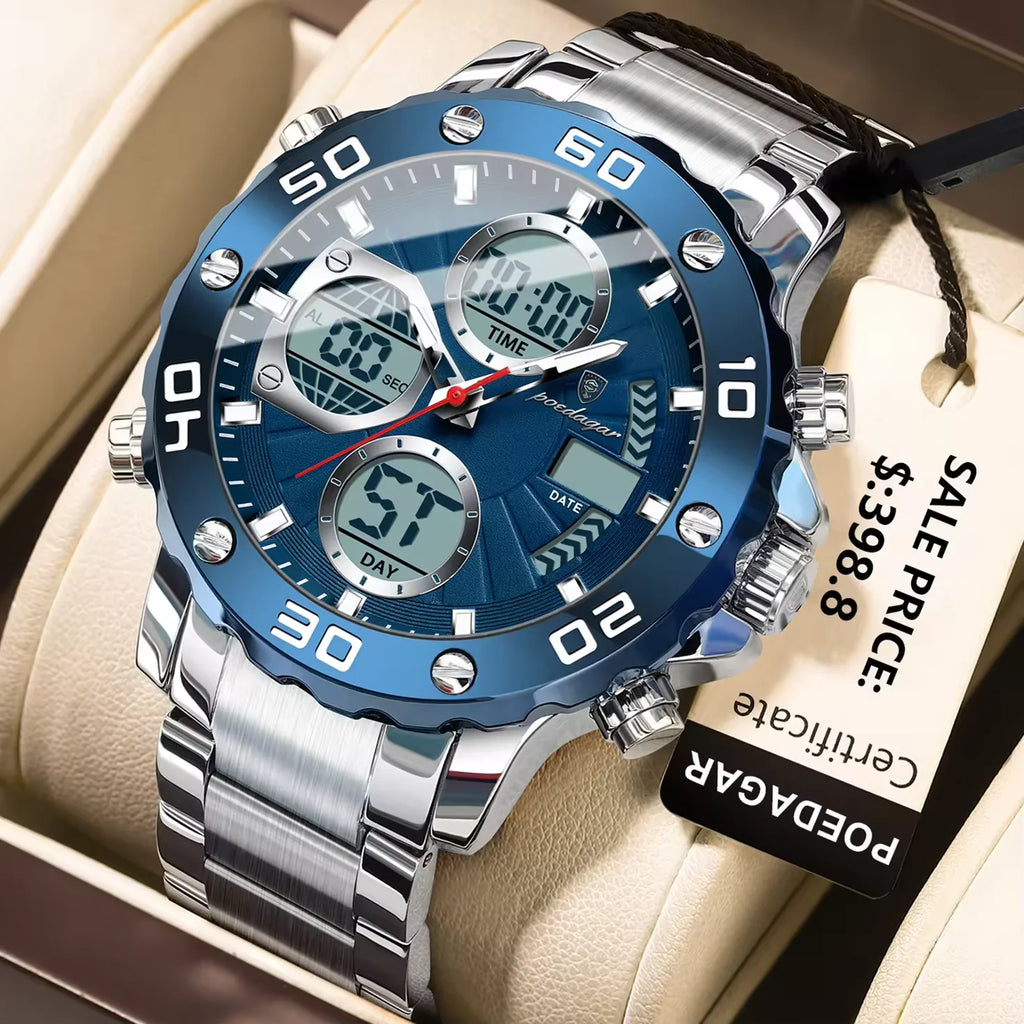 POEDAGAR Watch for Men Silver Blue Stainless Steel Quartz Mens Watches Luxury Multifunctional Chronograph Man Clock Wrist