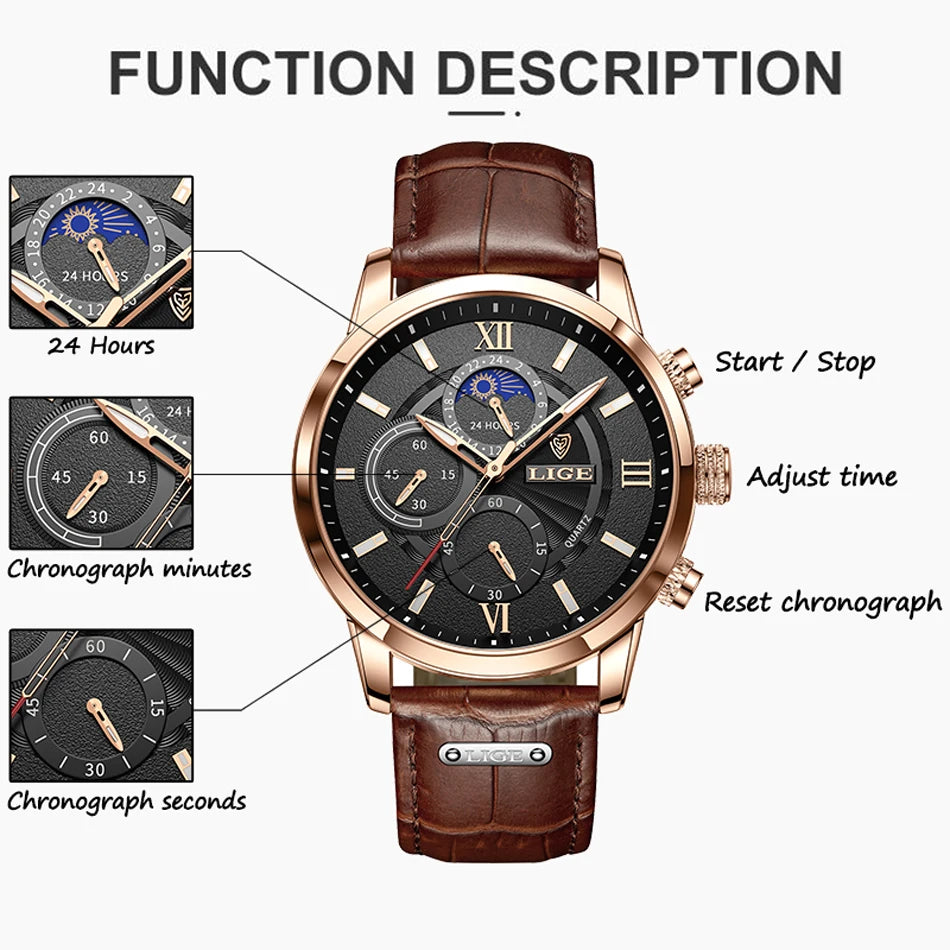 Men's Chronograph Watch Moon Phase Date Window Roman Numerals Rose Gold Case Leather Strap Business Formal