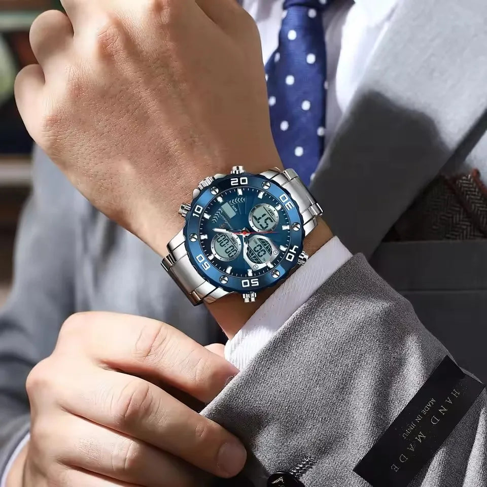 POEDAGAR Watch for Men Silver Blue Stainless Steel Quartz Mens Watches Luxury Multifunctional Chronograph Man Clock Wrist