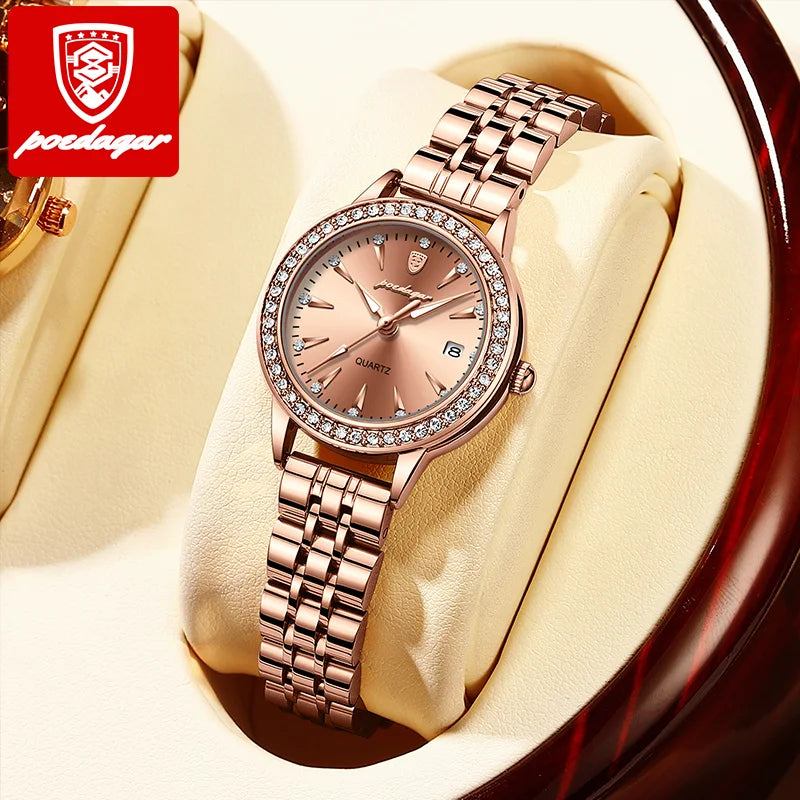 POEDAGAR Female Watch Rose Gold Luxury Brand Ladies Wristwatch Waterproof Stainless Stain Date Quartz Watches for Women