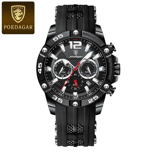 POEDAGAR 912 Men's Watch New Design Black Multifunction Quartz Watches 3ATM Waterproof Man Silicone Wristwatches Luminous Clock