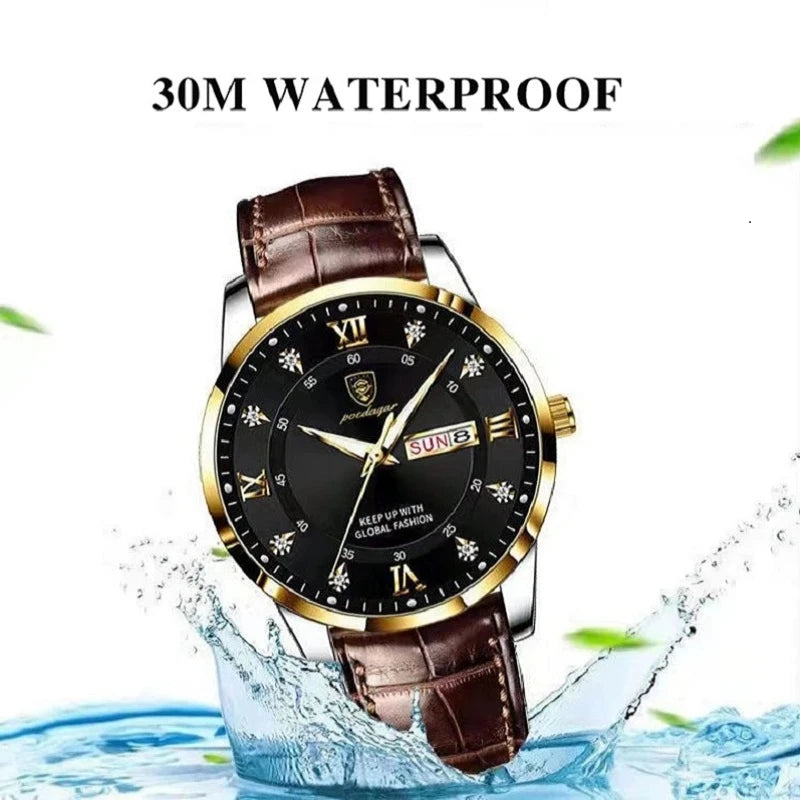 POEDAGAR Watch for Men Luxury Ultra Thin Gold Waterproof Luminous Watches Mens Date Week Leather Wrist Watch Man 836 Custom logo