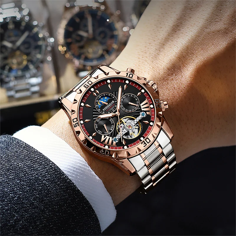 Tourbillon Man Watch Waterproof Automatic Mechanical Watches for Men Chronograph Luminous Multi-function Men's Wrist Watches