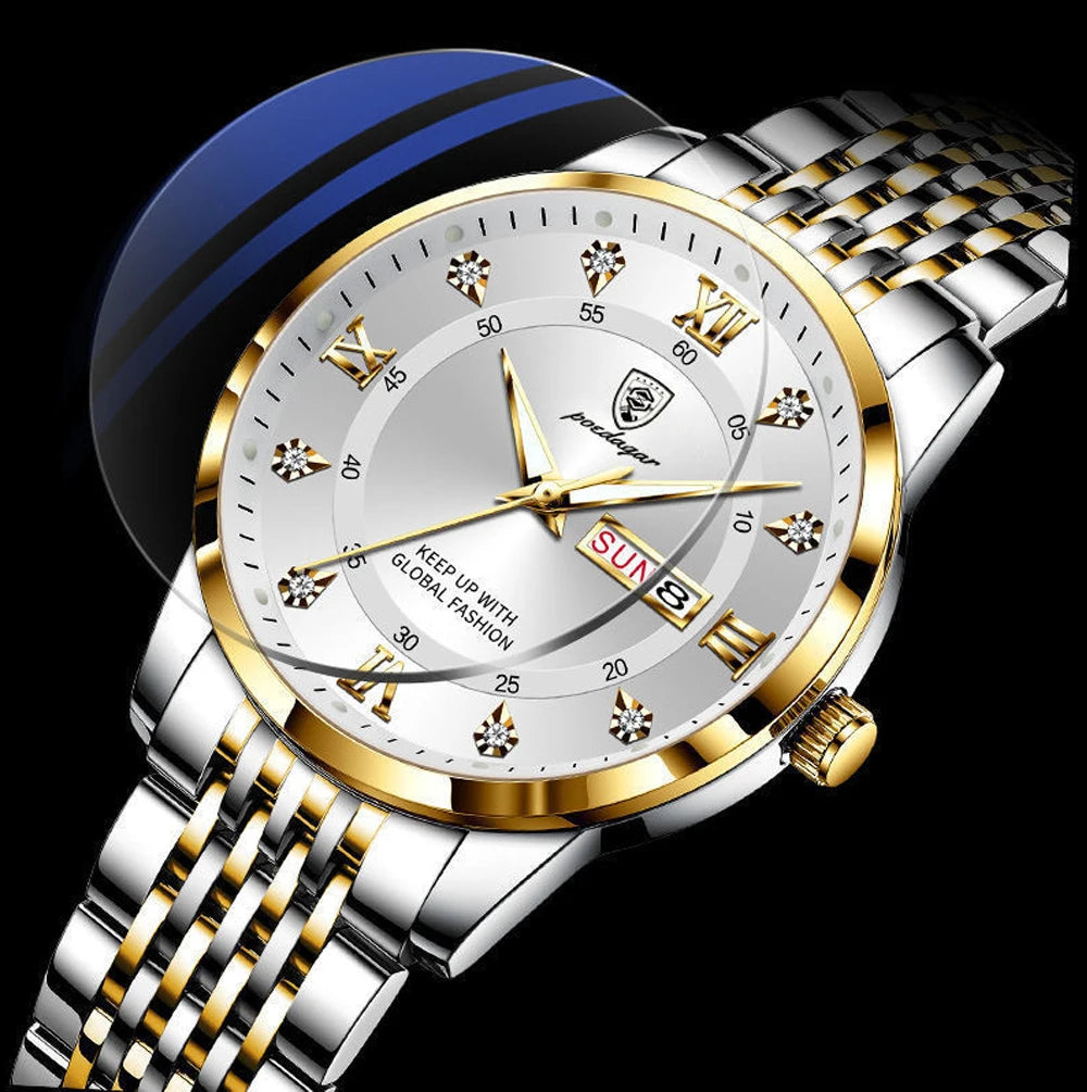 POEDAGAR 836 Men Watch Luxury Business Quartz Men's Wristwatch Waterproof Luminous Date Week Steel Strap Top Clock Man Watches