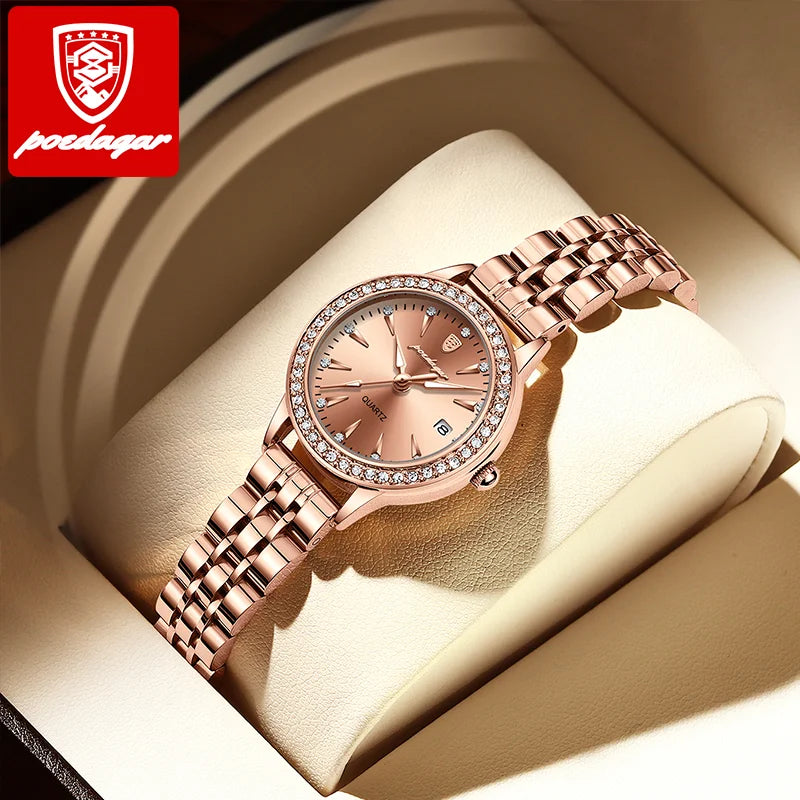 POEDAGAR Female Watch Rose Gold Luxury Brand Ladies Wristwatch Waterproof Stainless Stain Date Quartz Watches for Women