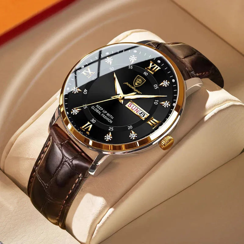 POEDAGAR Watch for Men Luxury Ultra Thin Gold Waterproof Luminous Watches Mens Date Week Leather Wrist Watch Man 836 Custom logo