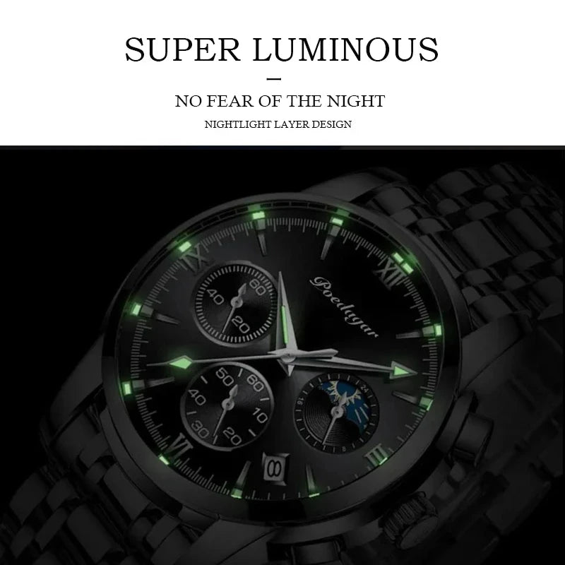 POEDAGAR Watch for Men 8058 New Waterproof Luminous Multifunction Quart Watches Men's Hot Sell Stainless Steel Silver Blue Wrist