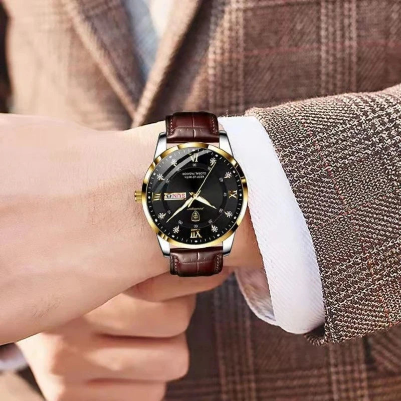 POEDAGAR Watch for Men Luxury Ultra Thin Gold Waterproof Luminous Watches Mens Date Week Leather Wrist Watch Man 836 Custom logo