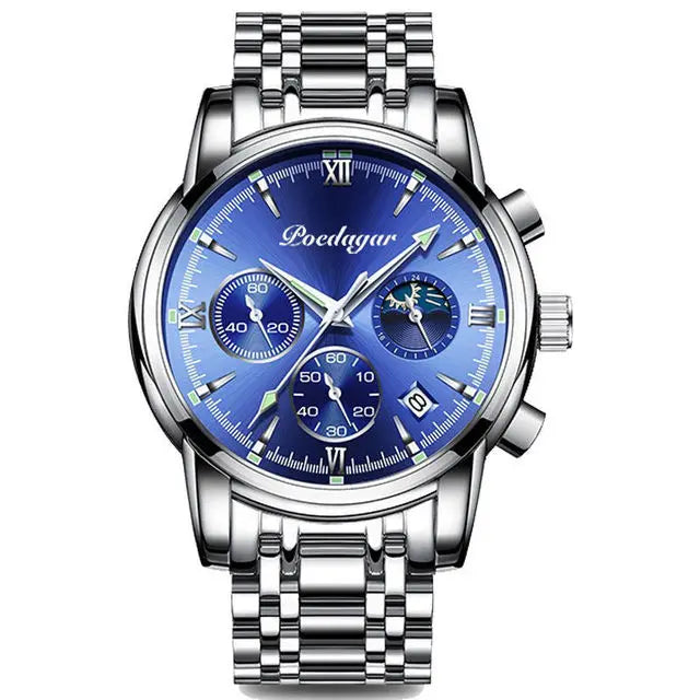 POEDAGAR Watch for Men 8058 New Waterproof Luminous Multifunction Quart Watches Men's Hot Sell Stainless Steel Silver Blue Wrist