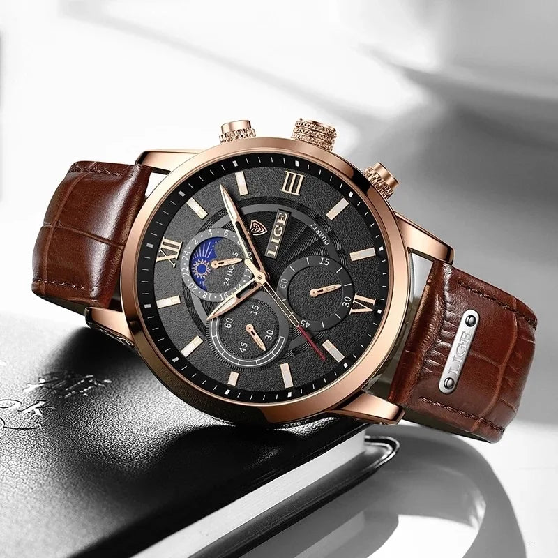 Men's Chronograph Watch Moon Phase Date Window Roman Numerals Rose Gold Case Leather Strap Business Formal