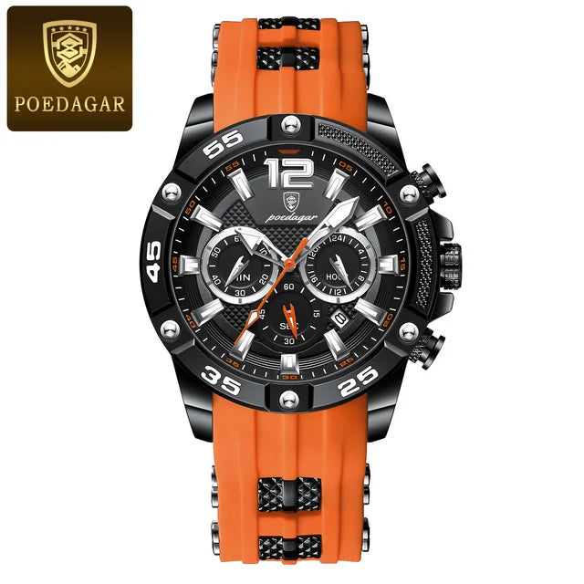 POEDAGAR 912 Men's Watch New Design Black Multifunction Quartz Watches 3ATM Waterproof Man Silicone Wristwatches Luminous Clock