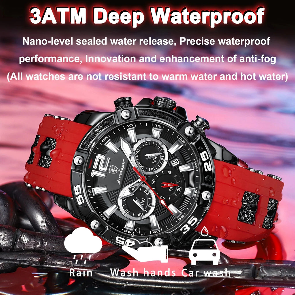 POEDAGAR 912 Men's Watch New Design Black Multifunction Quartz Watches 3ATM Waterproof Man Silicone Wristwatches Luminous Clock