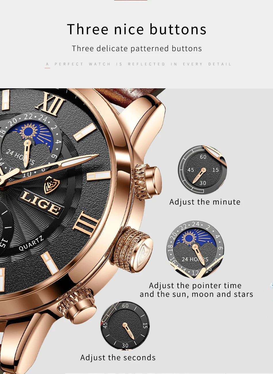 Men's Chronograph Watch Moon Phase Date Window Roman Numerals Rose Gold Case Leather Strap Business Formal