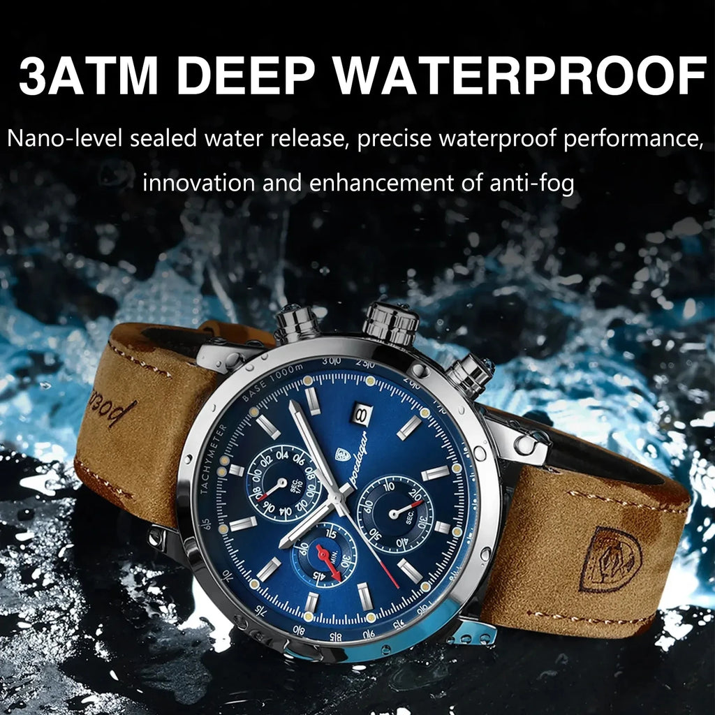 POEDAGAR Watch Men 932 Sports Leather Chronograph Watches Mens Fashion Waterproof Quartz Wristwatches Man Relogio Masculino