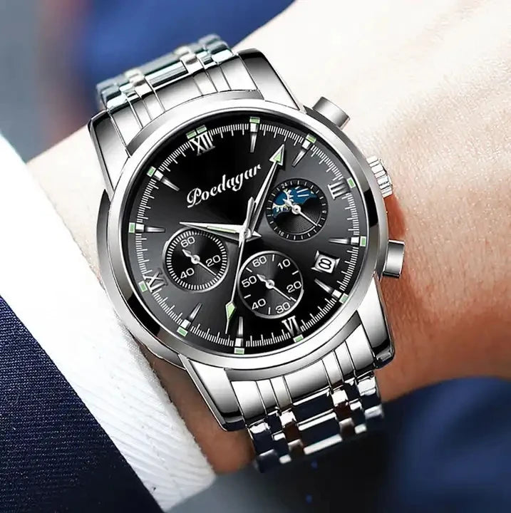 POEDAGAR Watch for Men 8058 New Waterproof Luminous Multifunction Quart Watches Men's Hot Sell Stainless Steel Silver Blue Wrist