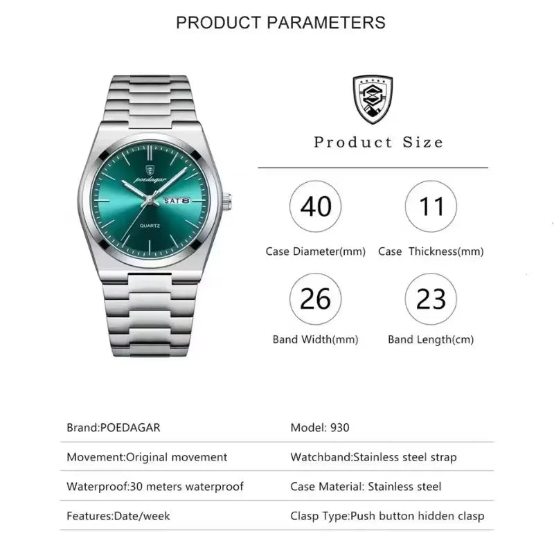 Poedagar 930 Hot Top Band Luminous Hands Quartz Watch for Men Fashion Business Calendar Wristwatch Luxury Stainless Steel Watch