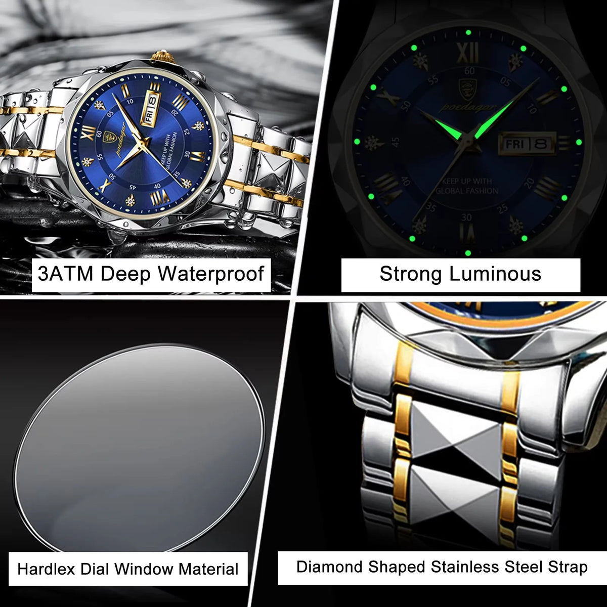 POEDAGAR Watch for Men 615 High Quality Jewelry Diamond Dial Mens Watches Waterproof Steel Strap Wristwatches Relogio Masculino