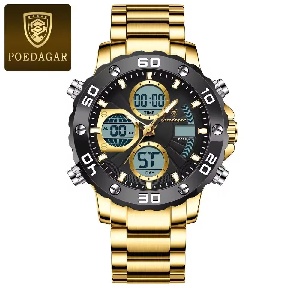 POEDAGAR Watch for Men Silver Blue Stainless Steel Quartz Mens Watches Luxury Multifunctional Chronograph Man Clock Wrist