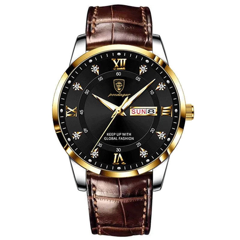 POEDAGAR Watch for Men Luxury Ultra Thin Gold Waterproof Luminous Watches Mens Date Week Leather Wrist Watch Man 836 Custom logo