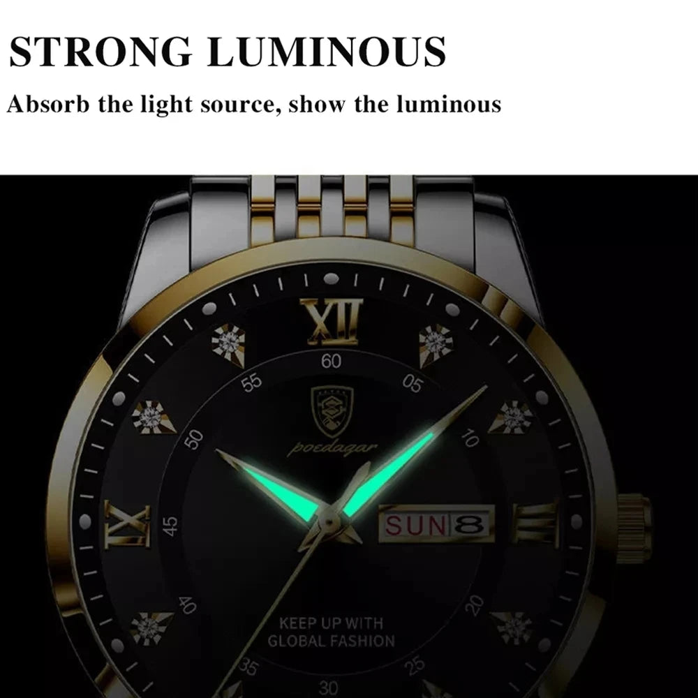 POEDAGAR 836 Men Watch Luxury Business Quartz Men's Wristwatch Waterproof Luminous Date Week Steel Strap Top Clock Man Watches