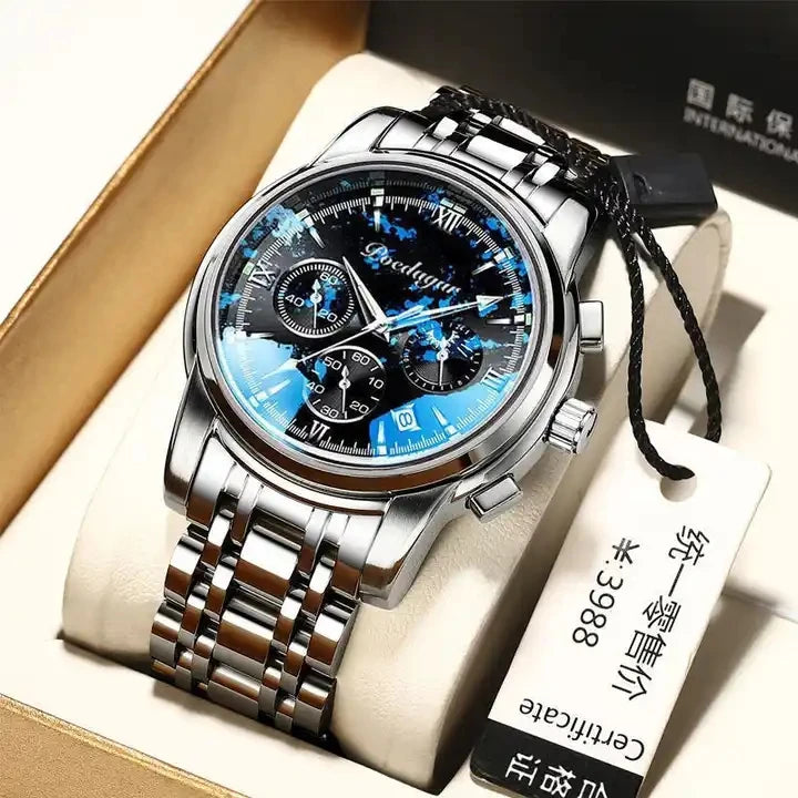 POEDAGAR Watch for Men 8058 New Waterproof Luminous Multifunction Quart Watches Men's Hot Sell Stainless Steel Silver Blue Wrist