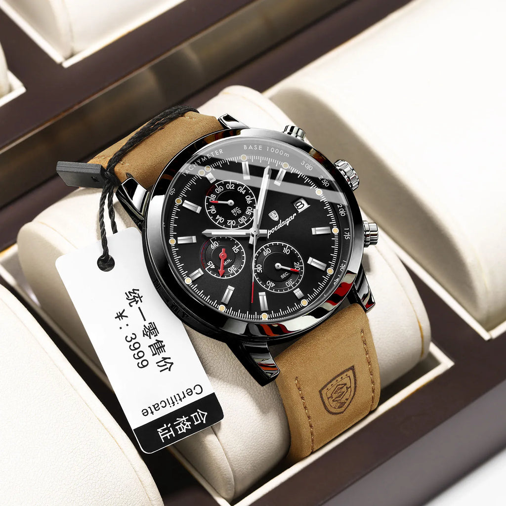 POEDAGAR Watch Men 932 Sports Leather Chronograph Watches Mens Fashion Waterproof Quartz Wristwatches Man Relogio Masculino
