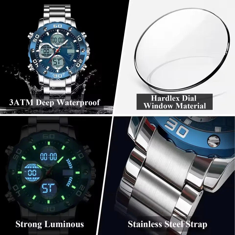 POEDAGAR Watch for Men Silver Blue Stainless Steel Quartz Mens Watches Luxury Multifunctional Chronograph Man Clock Wrist