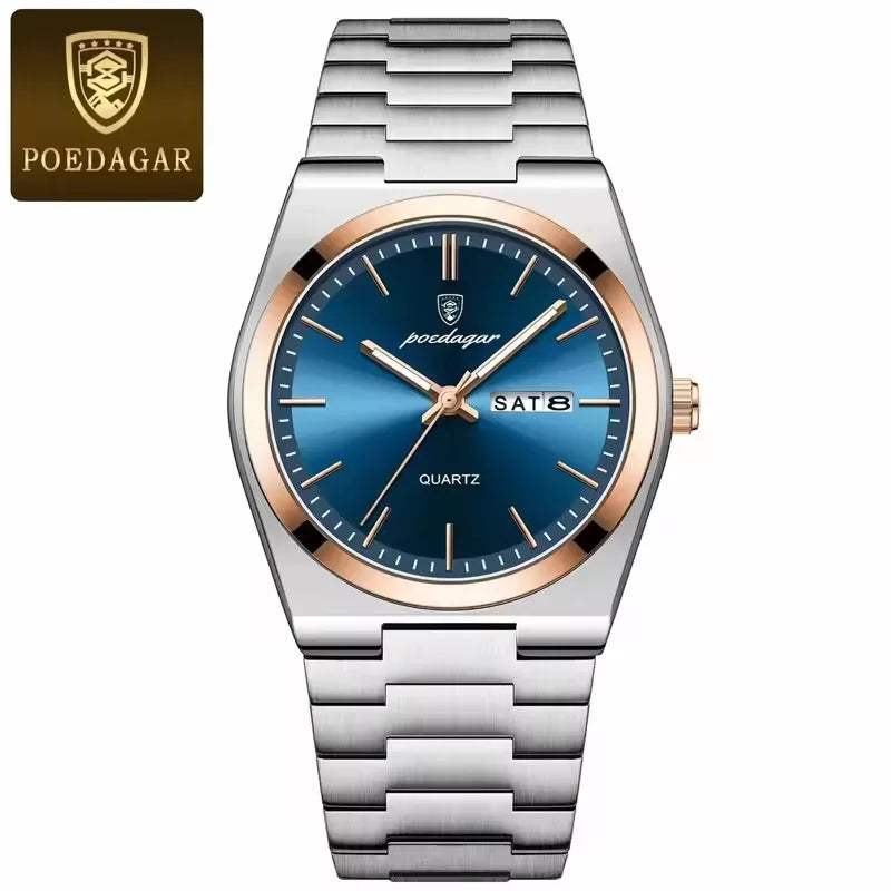 Poedagar 930 Hot Top Band Luminous Hands Quartz Watch for Men Fashion Business Calendar Wristwatch Luxury Stainless Steel Watch