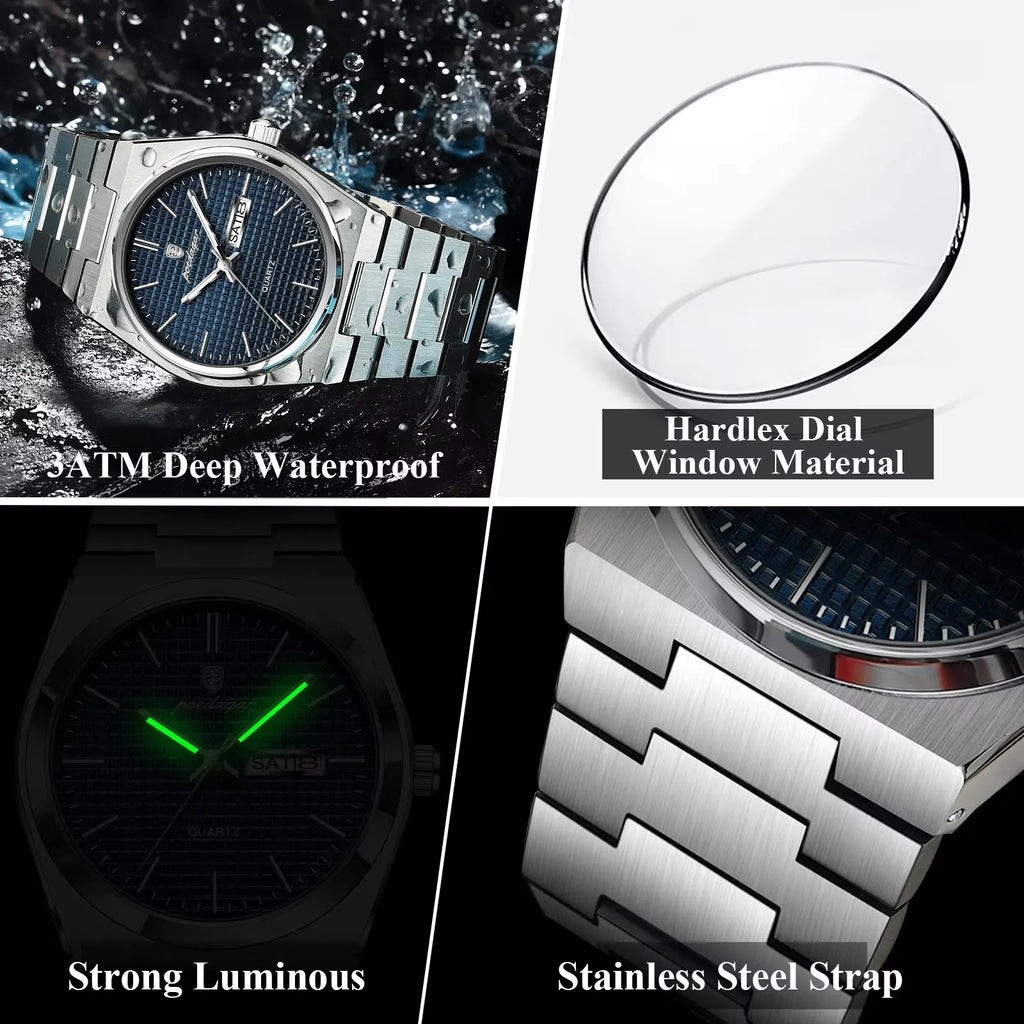 POEDAGAR New Luxury Sport Man Watch Waterproof Luminous Date Week Men Stainls Steel Quartz Men's Male Clock 821