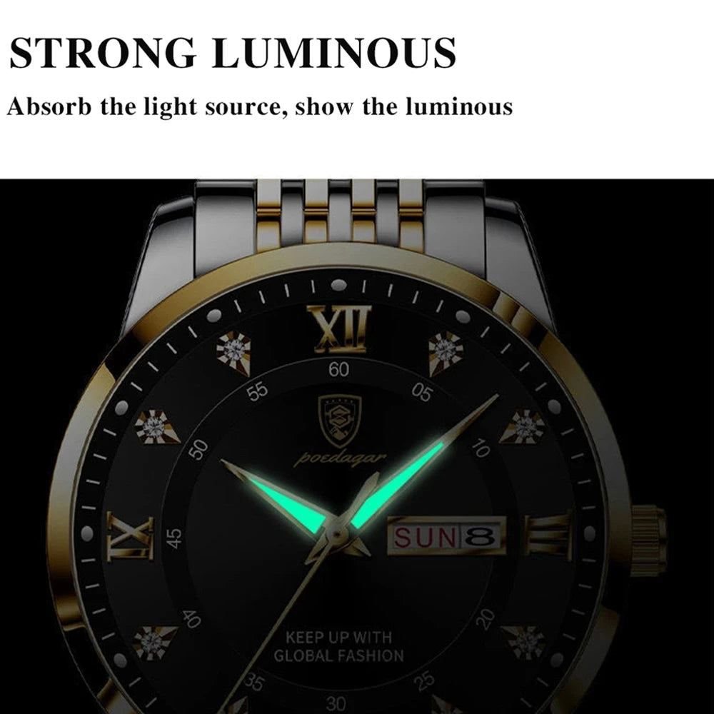 POEDAGAR Watch for Men Luxury Ultra Thin Gold Waterproof Luminous Watches Mens Date Week Leather Wrist Watch Man 836 Custom logo