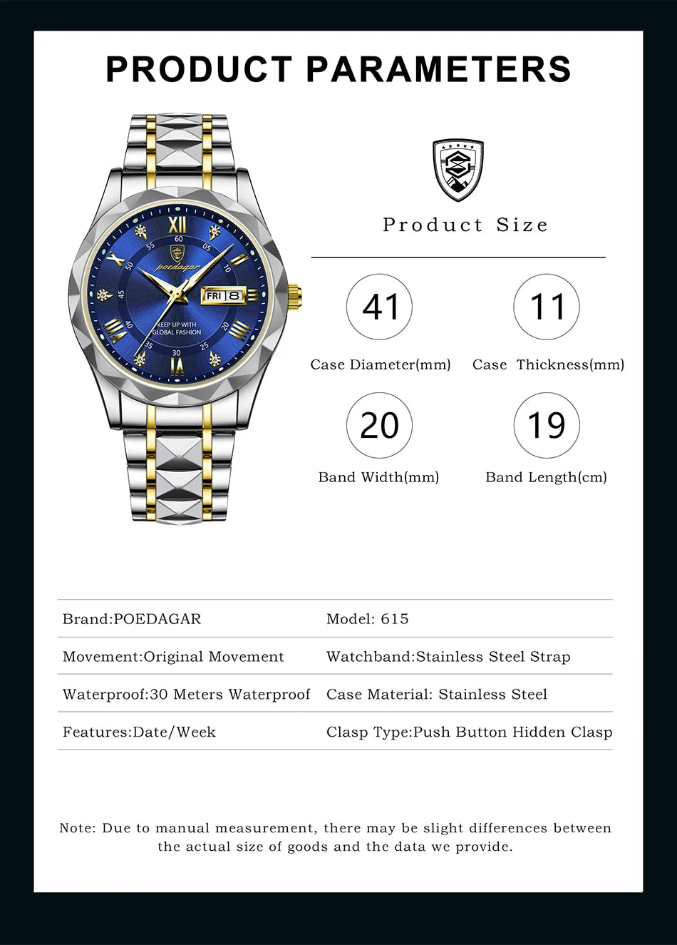 POEDAGAR Watch for Men 615 High Quality Jewelry Diamond Dial Mens Watches Waterproof Steel Strap Wristwatches Relogio Masculino
