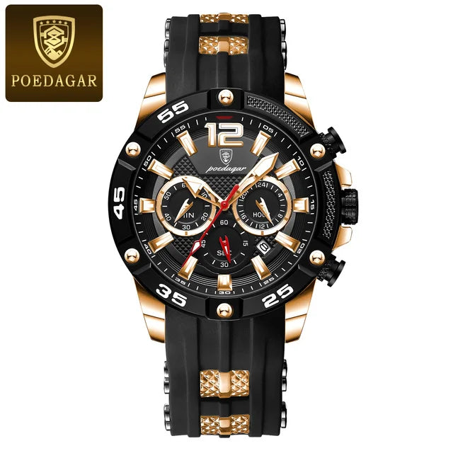 POEDAGAR 912 Men's Watch New Design Black Multifunction Quartz Watches 3ATM Waterproof Man Silicone Wristwatches Luminous Clock
