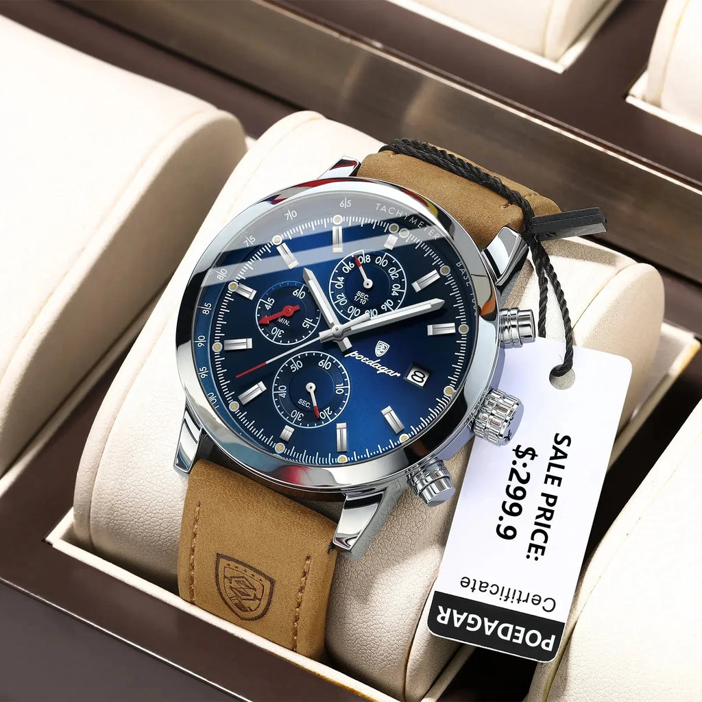 POEDAGAR Watch Men 932 Sports Leather Chronograph Watches Mens Fashion Waterproof Quartz Wristwatches Man Relogio Masculino