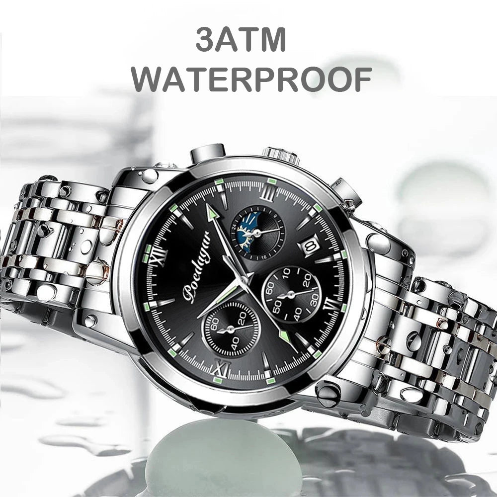 POEDAGAR Watch for Men 8058 New Waterproof Luminous Multifunction Quart Watches Men's Hot Sell Stainless Steel Silver Blue Wrist