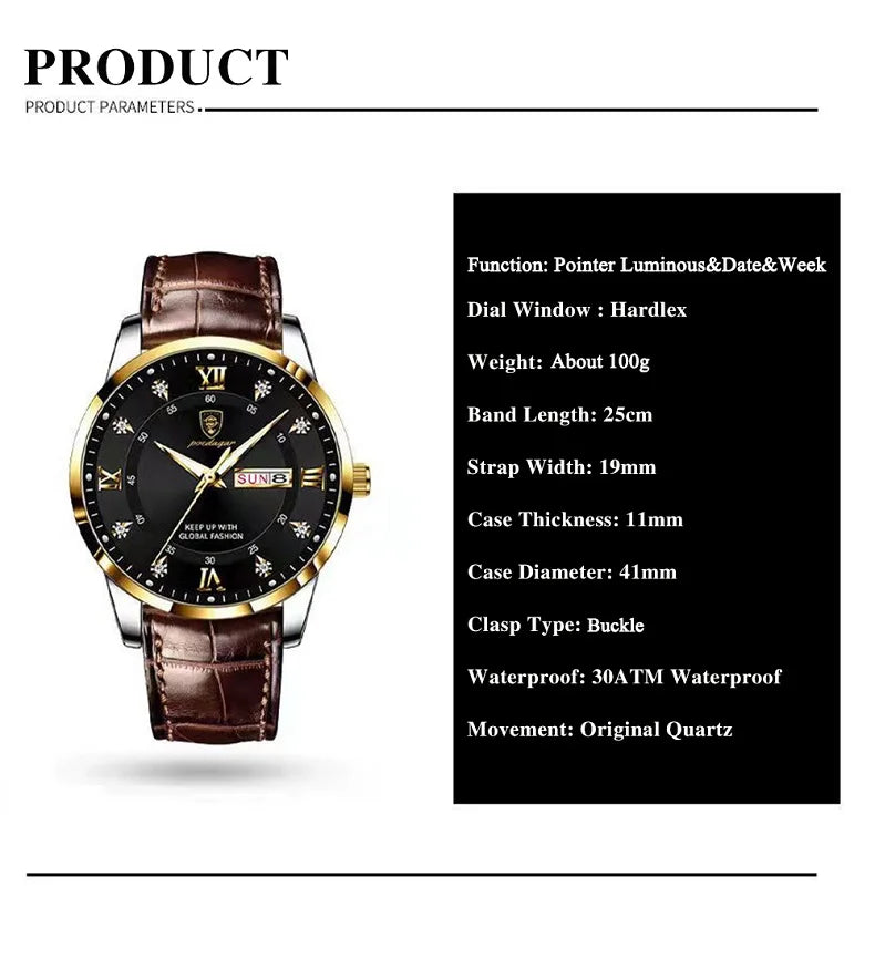 POEDAGAR Watch for Men Luxury Ultra Thin Gold Waterproof Luminous Watches Mens Date Week Leather Wrist Watch Man 836 Custom logo