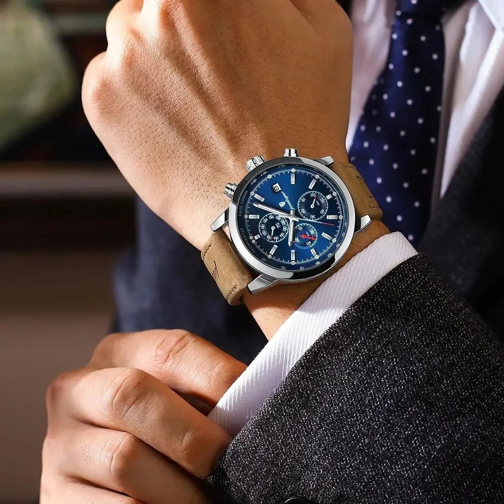 POEDAGAR Watch Men 932 Sports Leather Chronograph Watches Mens Fashion Waterproof Quartz Wristwatches Man Relogio Masculino