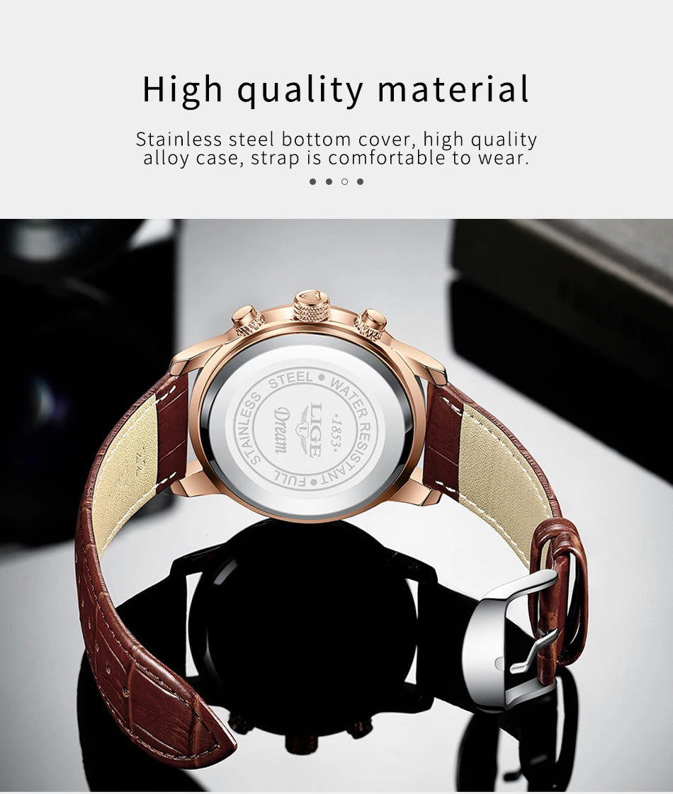 Men's Chronograph Watch Moon Phase Date Window Roman Numerals Rose Gold Case Leather Strap Business Formal