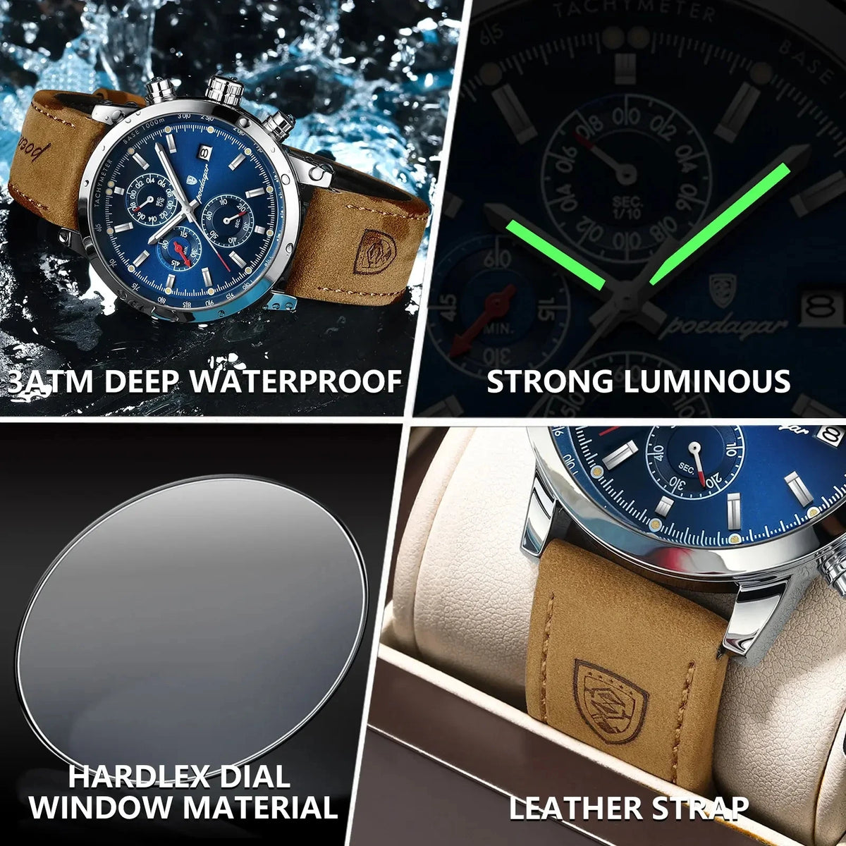 POEDAGAR Watch Men 932 Sports Leather Chronograph Watches Mens Fashion Waterproof Quartz Wristwatches Man Relogio Masculino