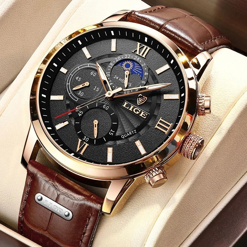 Men's Chronograph Watch Moon Phase Date Window Roman Numerals Rose Gold Case Leather Strap Business Formal