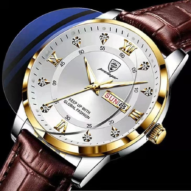 POEDAGAR Watch for Men Luxury Ultra Thin Gold Waterproof Luminous Watches Mens Date Week Leather Wrist Watch Man 836 Custom logo